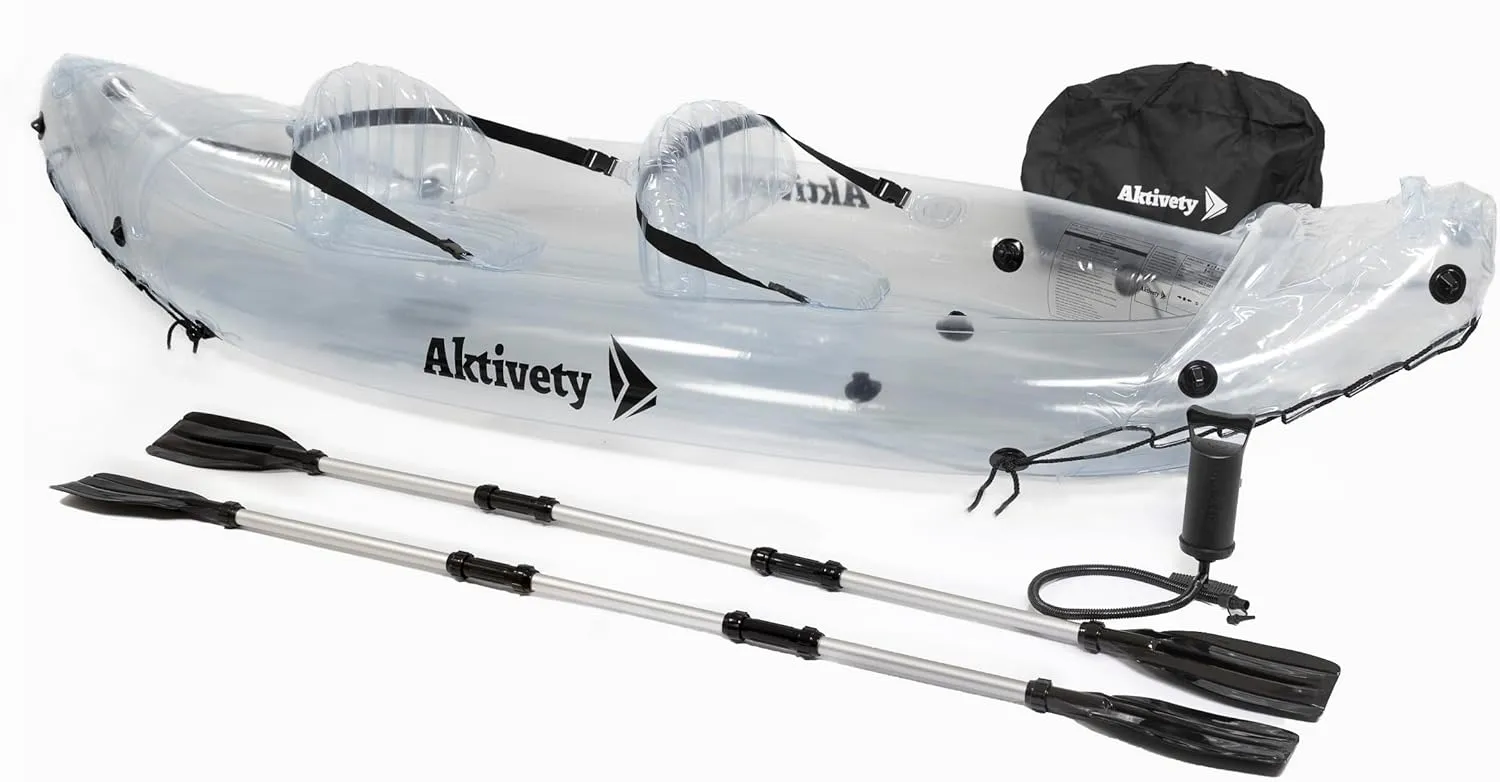 – Inflatable Clear Kayak 2 Person Adult – Transparent Tandem Crystal Kayaks with See Through Bottom – Blow Up Heavy Duty Fishing Canoe Boat for River, Pool – 2 Paddlers Set Included