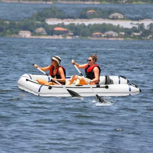 10 Ft Inflatable Dinghy Boats w/Wooden Frame, 2 Person Portable Pontoon Boat Raft, Inflatable Touring Kayak for Adults, Inflatable Tender Fishing Dinghy Boat w/Panels Paddles Foot Pump, Load 725 LBS