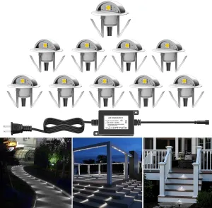 10 Pack LED Stair Lights Kit Low Voltage Deck Lights Waterproof IP65 Outdoor 1-2/5" Recessed Wood LED Deck Lighting Yard Garden Patio Step Landscape Pathway Decor Lamps, Cold White