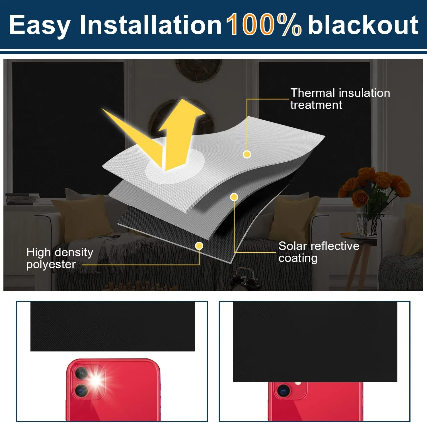 100% Blackout Curtains for Bedroom, Portable DIY Window Blinds, Temporary No Drill Window Shades, Blackout Blinds with Stickers and Tabs for Baby Nursery, Travel, Dorm Room (118" x 57")