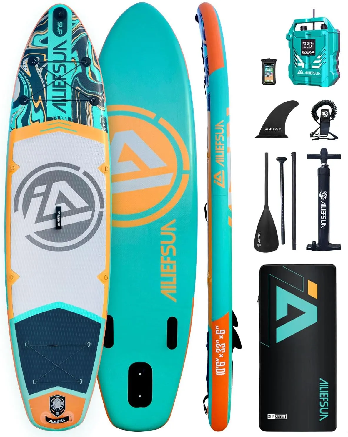 10'6"*33" Electric Inflator Pump Stand Up Paddle Board Inflatable Stable Fast Sup Board with Fishing Paddleboards Accessories for Adults Youth Wide Non-Slip Deck Surfboard (Emerald Wave)