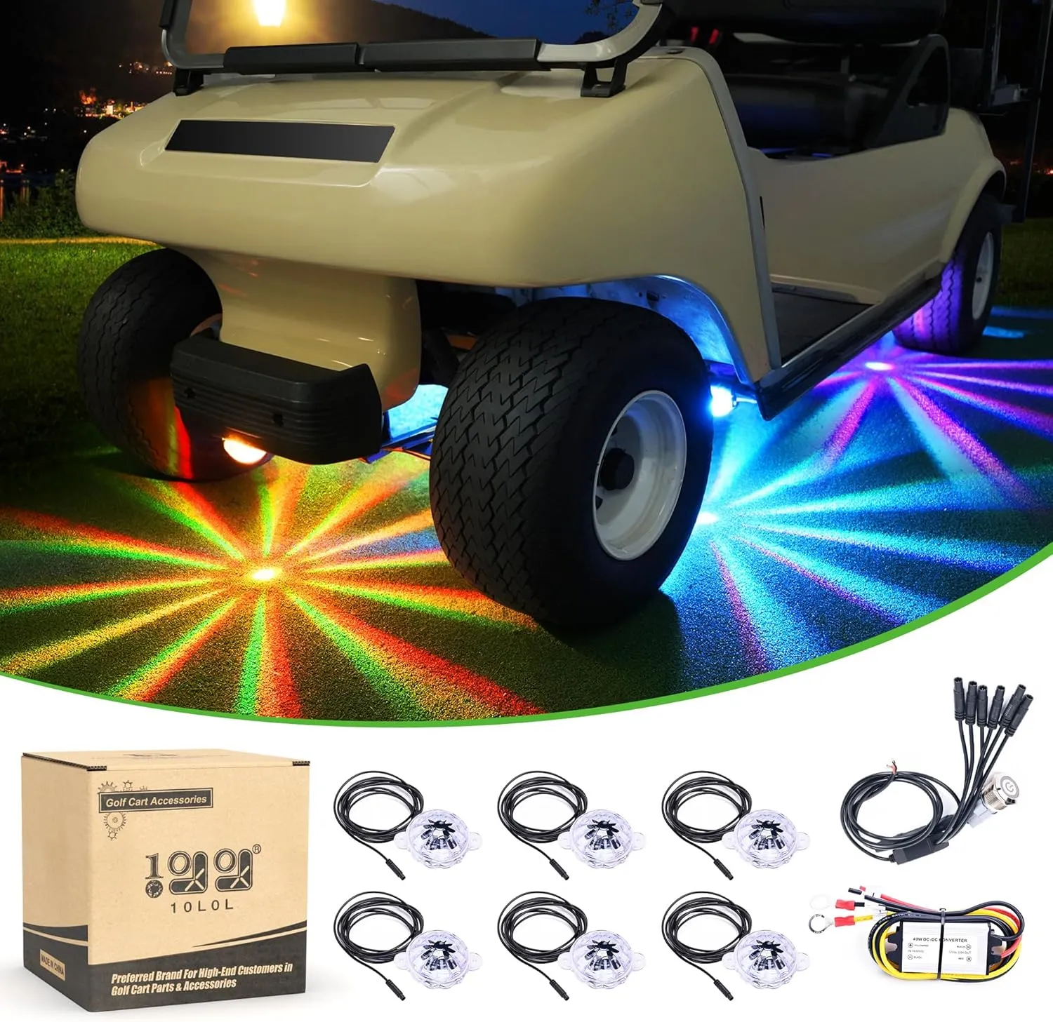 10L0L Golf Cart Underglow LED Light Bead Kit with Multi-Mode Neon Light，IP67 Waterproof, Fast Heat Dissipation, Equipped with DC Converter, 12V-48V Universal (Include 6 Lamp Bead)