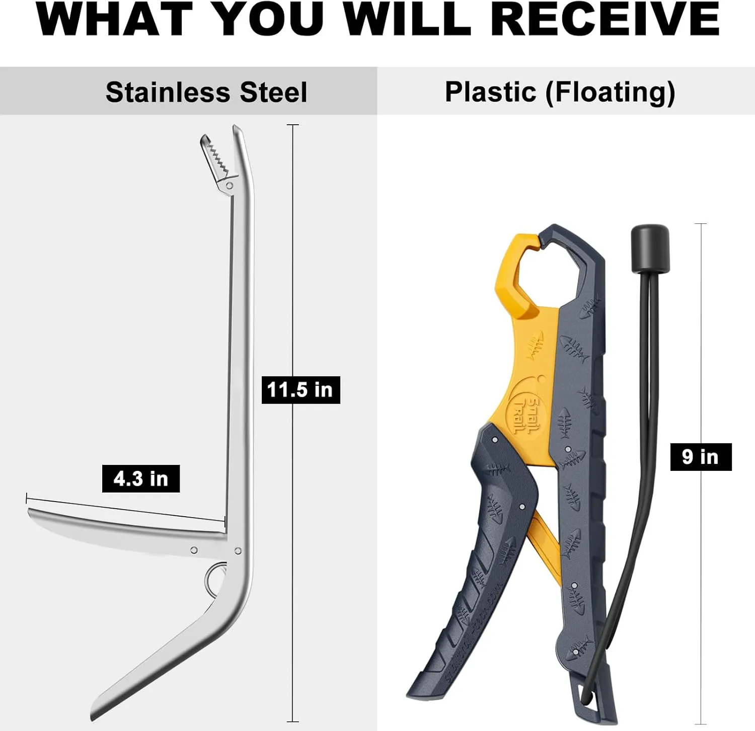 11.5" Fishing Hook Remover Tool & 9" Floating Fish Gripper Kit, Stainless Steel Fish Dehooker, Fish Grabber, Saltwater Fish Lip Grip, Hook Extractor Pliers, Fishing Gear and Accessories