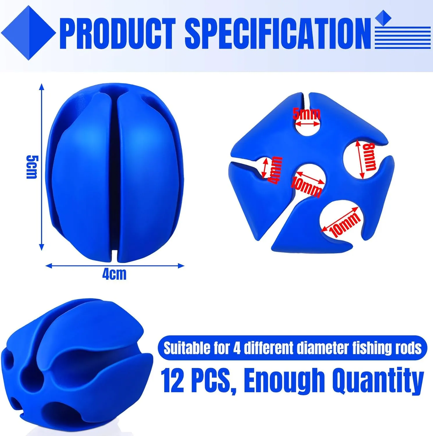 12 Pcs Portable Silicone Fishing Pole Rod Holder Clips Fixed Ball 5 Holes Rubber Fishing Pole Puller Clips Silicone Rod Holder Straps for Travel Ground Car Bike