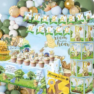 159pcs Blue Classic Winnie Baby Shower Decorations Kit, Vintage Pooh Party Supplies, Classic Pooh Backdrop, Cake Topper, Tablecloth Box Decorations for Girl Boy Baby Shower