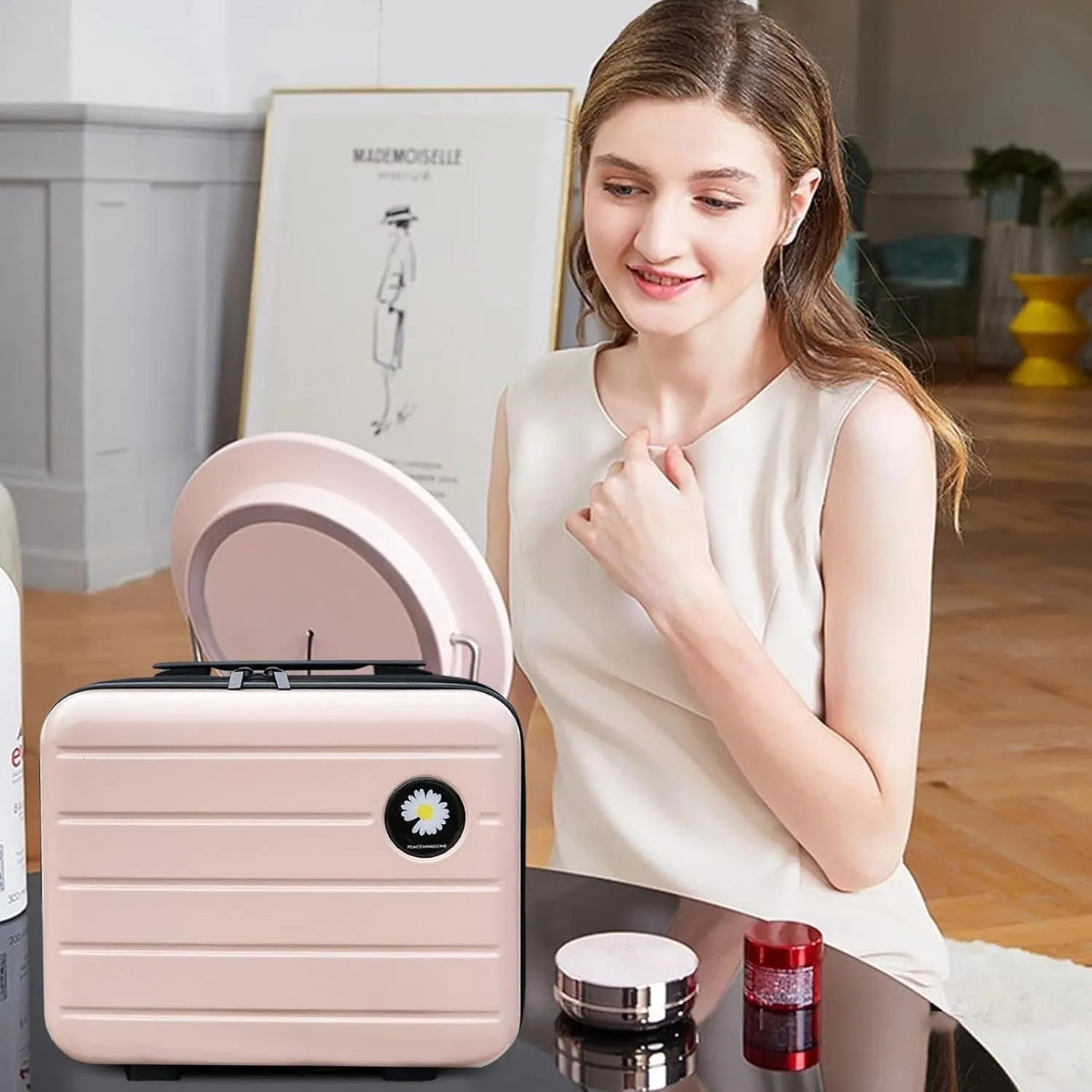 16 inches Large Capacity Hard Shell Cosmetic Case with Zipper and Handle Makeup Travel Case for Women Girl Pink