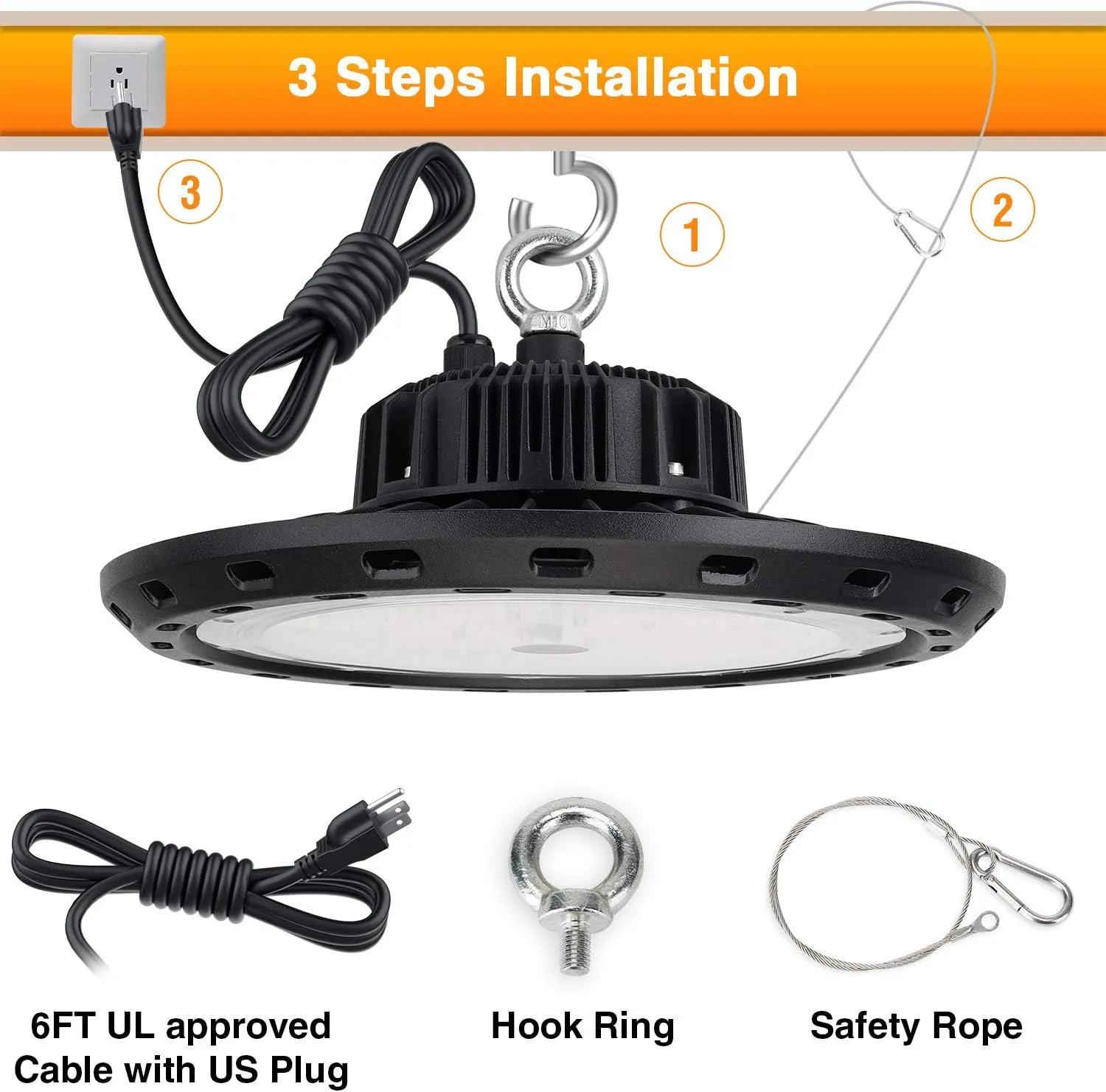 2-Pack 200W LED High Bay Lights 30000LM,Equivalent to 850W MH/HPS,5000K Daylight UFO High Bay Lighting for Shop Workshop Warehouse Factory,AC100-277V