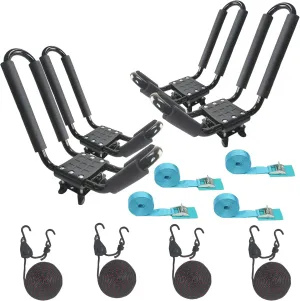 2 Pairs Heavy Duty Kayak Rack-Includes 4 Pcs Ratchet Tie-Mount on Car Roof Top Crossbar-Easy to Carry Kayak Canoe Boat Surf Ski (J-Bar Rack)
