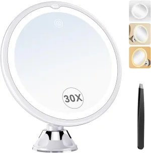 2025 Upgraded 30X Magnifying Mirror with Light, 8" Vanity Mirror with Power Suction Cup and Tweezers, 360° Swivel, Portable Bathroom Mirror with 3 Color Touch Dimmable Lights for Home Travel