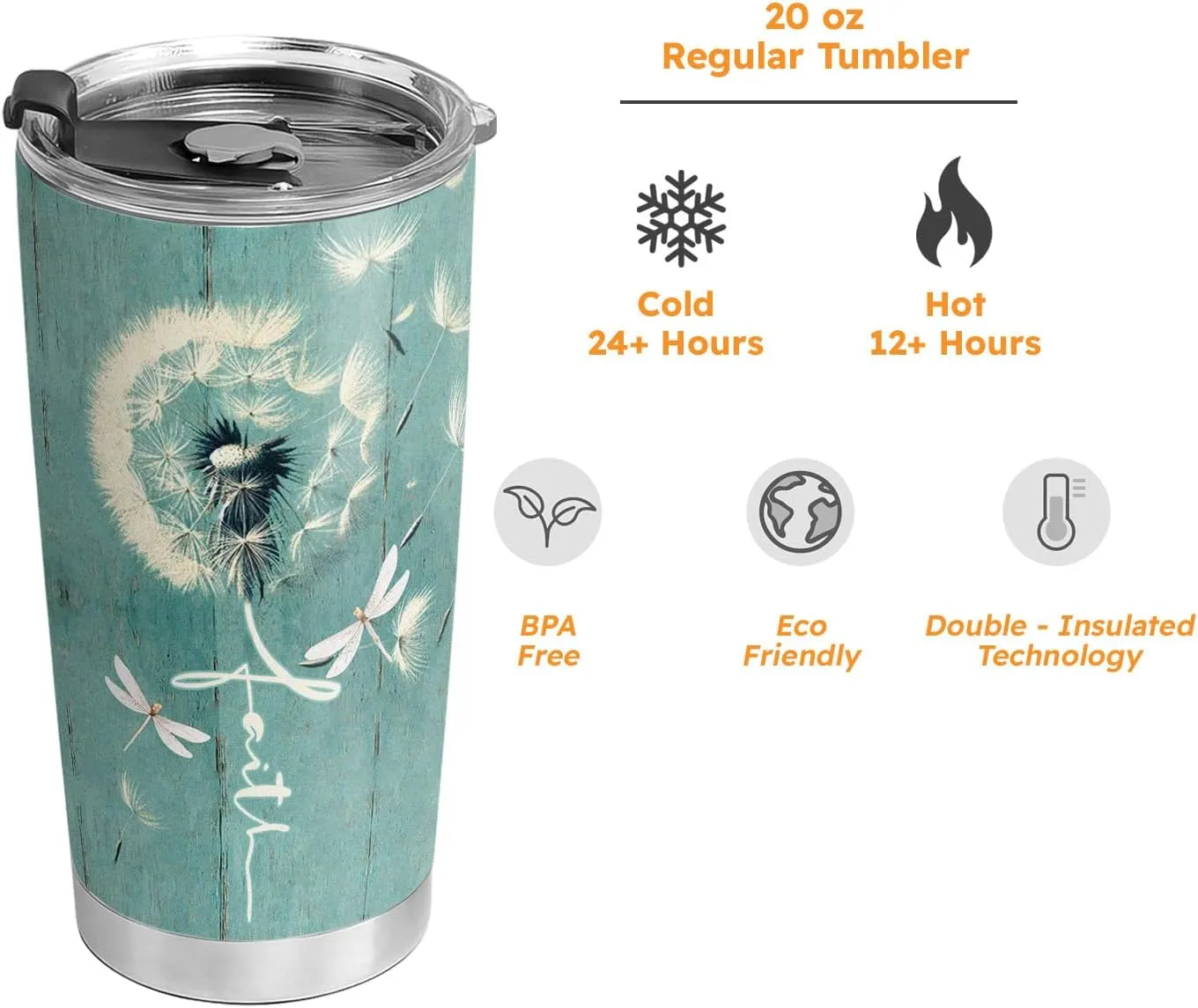 20oz Dandelion Dragonfly Faith Tumbler, Way Maker Miracle Worker Promise Keeper, Religious, Christian Gifts for Women, Stainless Steel Double Wall Vacuum Insulated Coffee Mug, Travel Cup with Lid