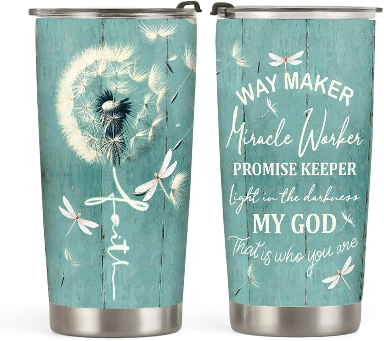 20oz Dandelion Dragonfly Faith Tumbler, Way Maker Miracle Worker Promise Keeper, Religious, Christian Gifts for Women, Stainless Steel Double Wall Vacuum Insulated Coffee Mug, Travel Cup with Lid