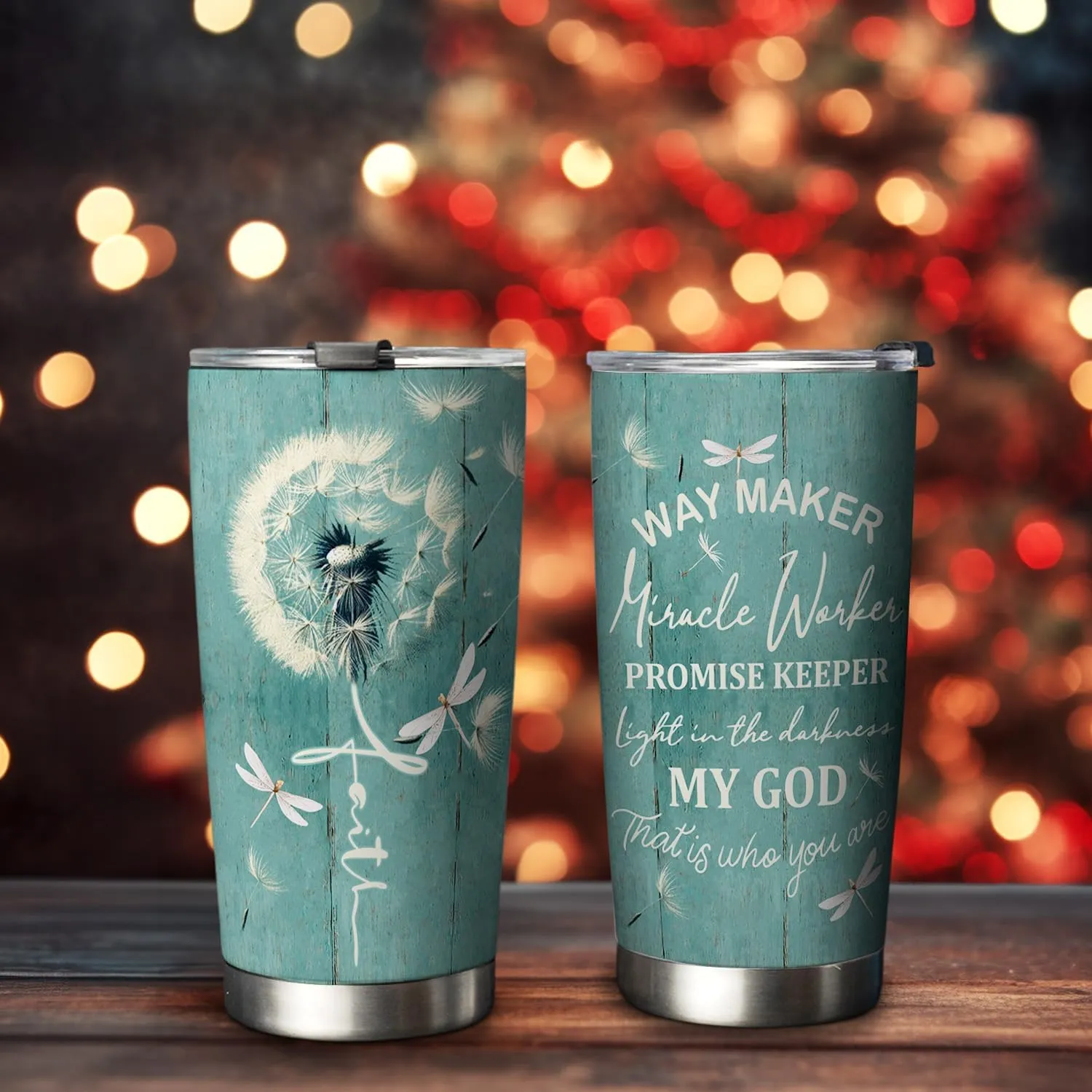 20oz Dandelion Dragonfly Faith Tumbler, Way Maker Miracle Worker Promise Keeper, Religious, Christian Gifts for Women, Stainless Steel Double Wall Vacuum Insulated Coffee Mug, Travel Cup with Lid