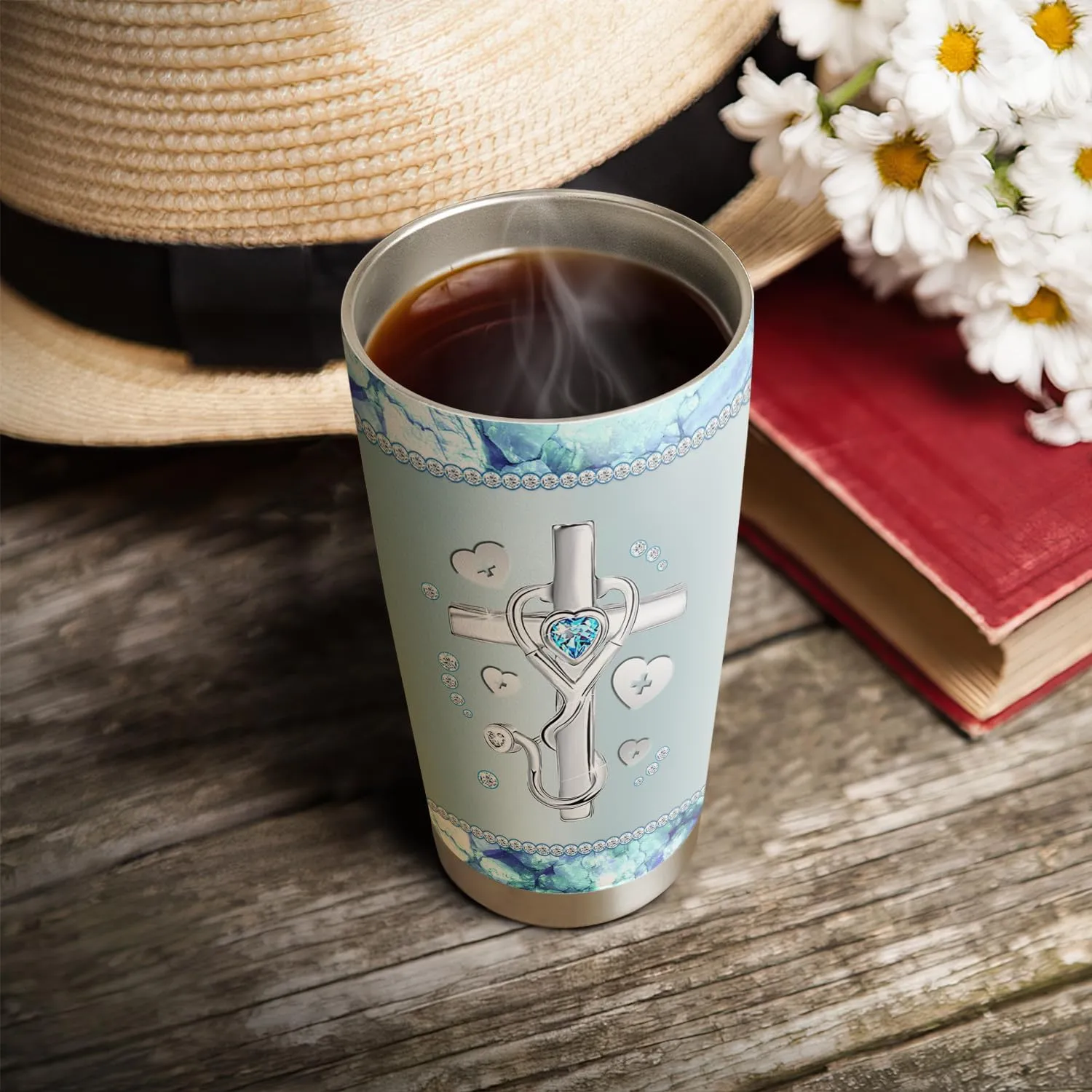20oz Jewelry Crystal Cross Faith Nurse Tumbler, Nurse Appreciation, Graduation Gifts, Coffee Thermos for Women, Stainless Steel Double Wall Vacuum Insulated Coffee Mug, Travel Cup with Lid