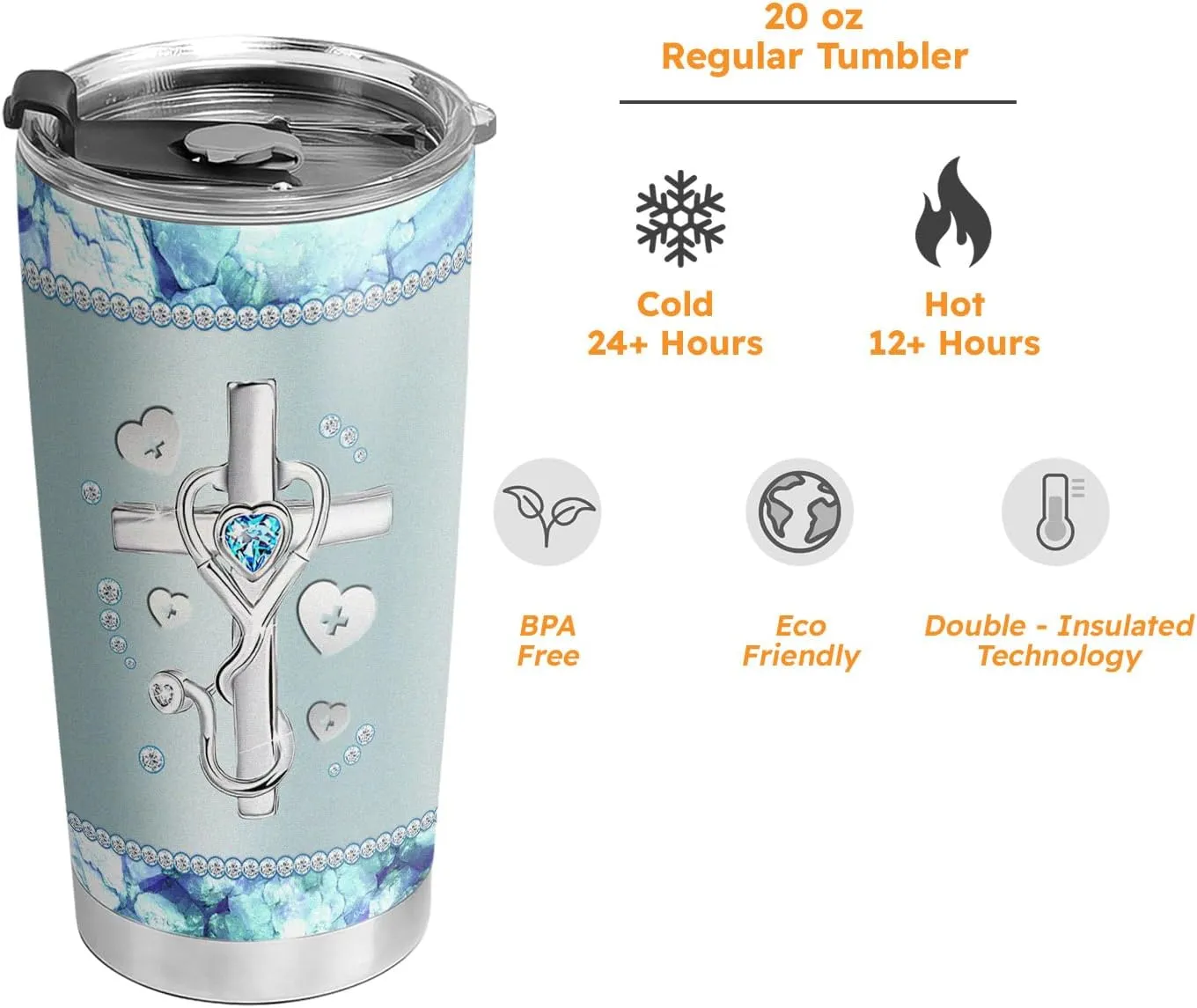 20oz Jewelry Crystal Cross Faith Nurse Tumbler, Nurse Appreciation, Graduation Gifts, Coffee Thermos for Women, Stainless Steel Double Wall Vacuum Insulated Coffee Mug, Travel Cup with Lid
