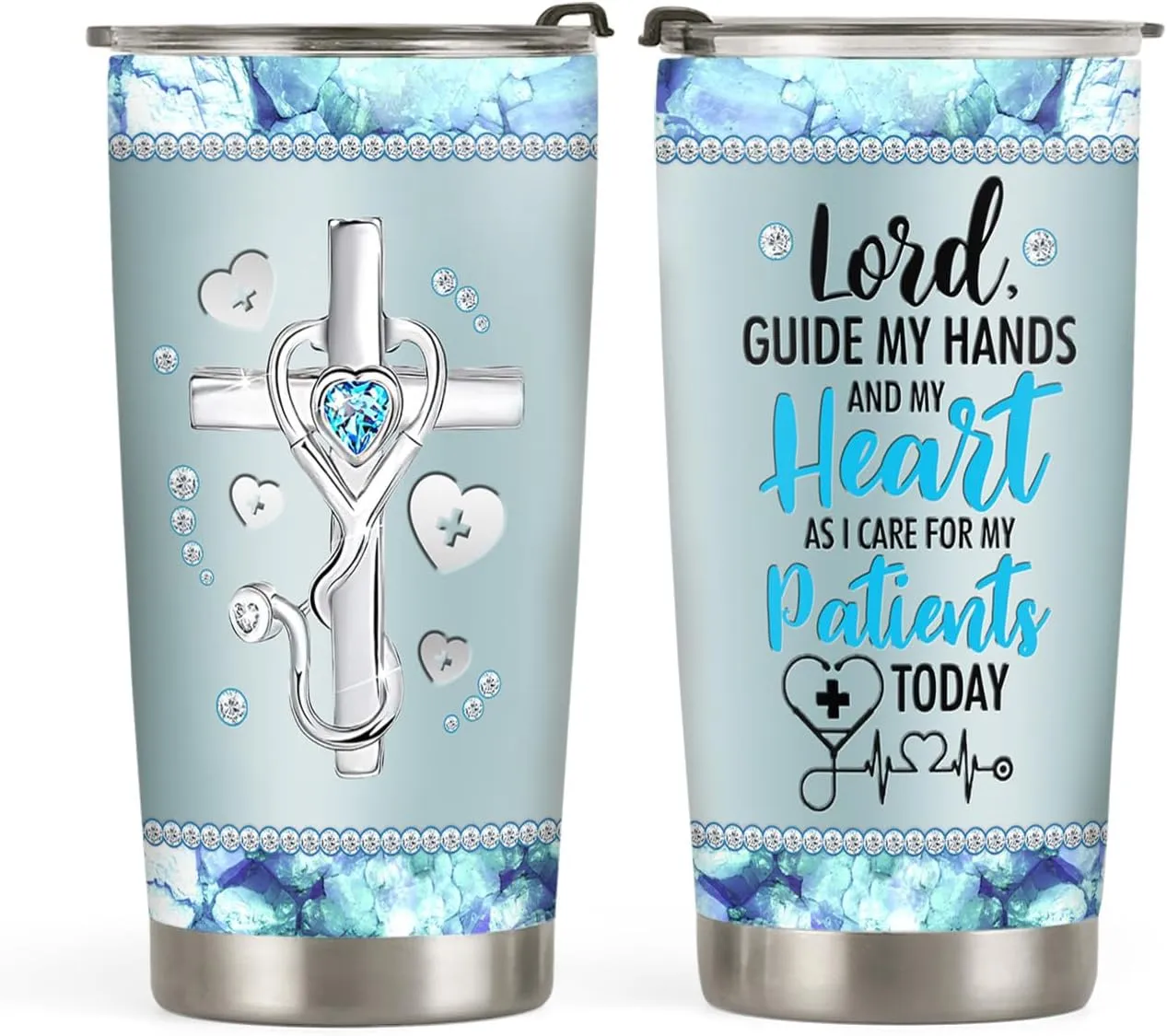 20oz Jewelry Crystal Cross Faith Nurse Tumbler, Nurse Appreciation, Graduation Gifts, Coffee Thermos for Women, Stainless Steel Double Wall Vacuum Insulated Coffee Mug, Travel Cup with Lid