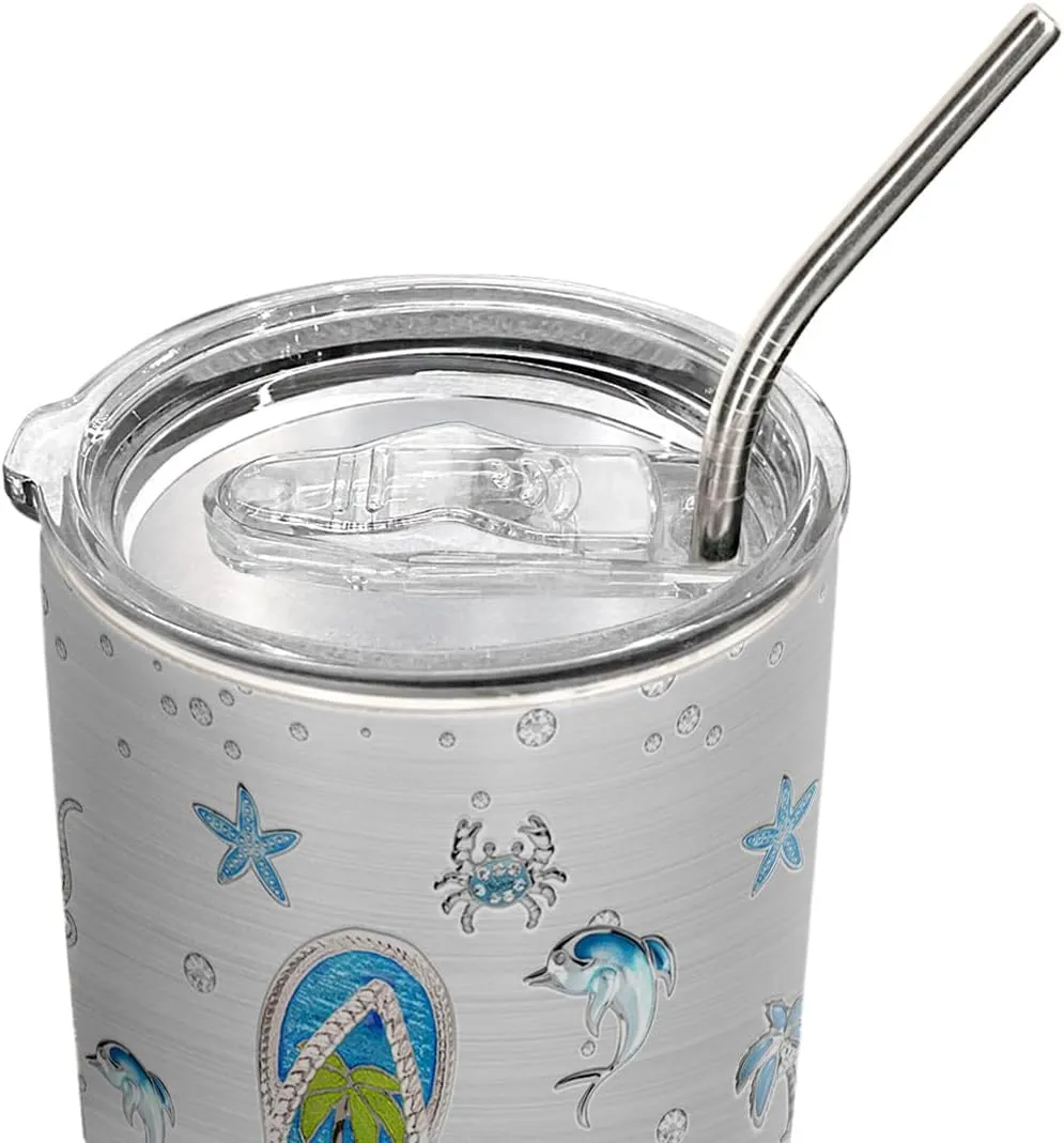 20oz Jewelry Crystal Flip Flop Tumbler, Sea Ocean, Beach Gifts, Coffee Thermos for Women, Stainless Steel Double Wall Vacuum Insulated Coffee Mug, Travel Cup with Lid