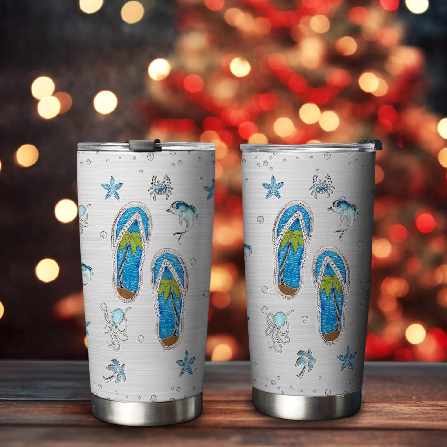 20oz Jewelry Crystal Flip Flop Tumbler, Sea Ocean, Beach Gifts, Coffee Thermos for Women, Stainless Steel Double Wall Vacuum Insulated Coffee Mug, Travel Cup with Lid