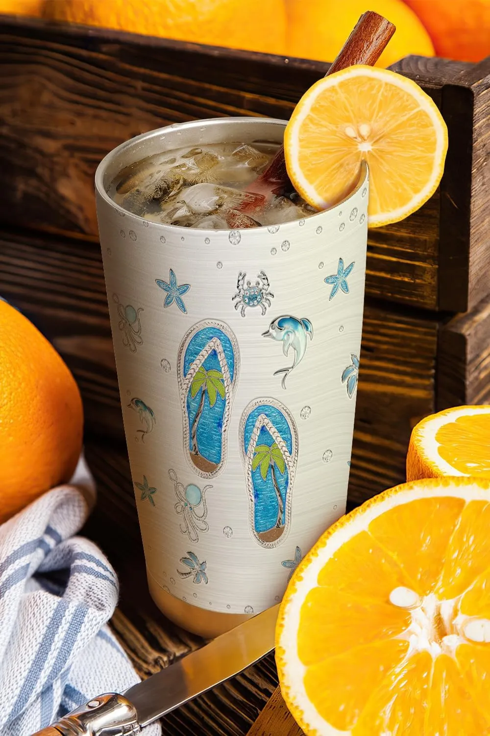 20oz Jewelry Crystal Flip Flop Tumbler, Sea Ocean, Beach Gifts, Coffee Thermos for Women, Stainless Steel Double Wall Vacuum Insulated Coffee Mug, Travel Cup with Lid