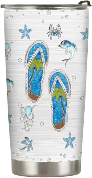 20oz Jewelry Crystal Flip Flop Tumbler, Sea Ocean, Beach Gifts, Coffee Thermos for Women, Stainless Steel Double Wall Vacuum Insulated Coffee Mug, Travel Cup with Lid