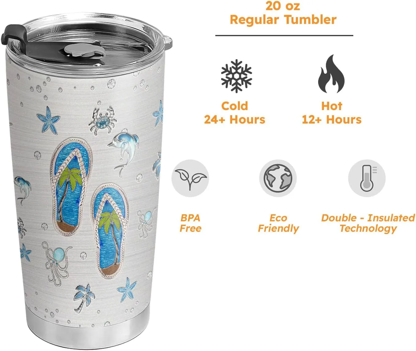 20oz Jewelry Crystal Flip Flop Tumbler, Sea Ocean, Beach Gifts, Coffee Thermos for Women, Stainless Steel Double Wall Vacuum Insulated Coffee Mug, Travel Cup with Lid