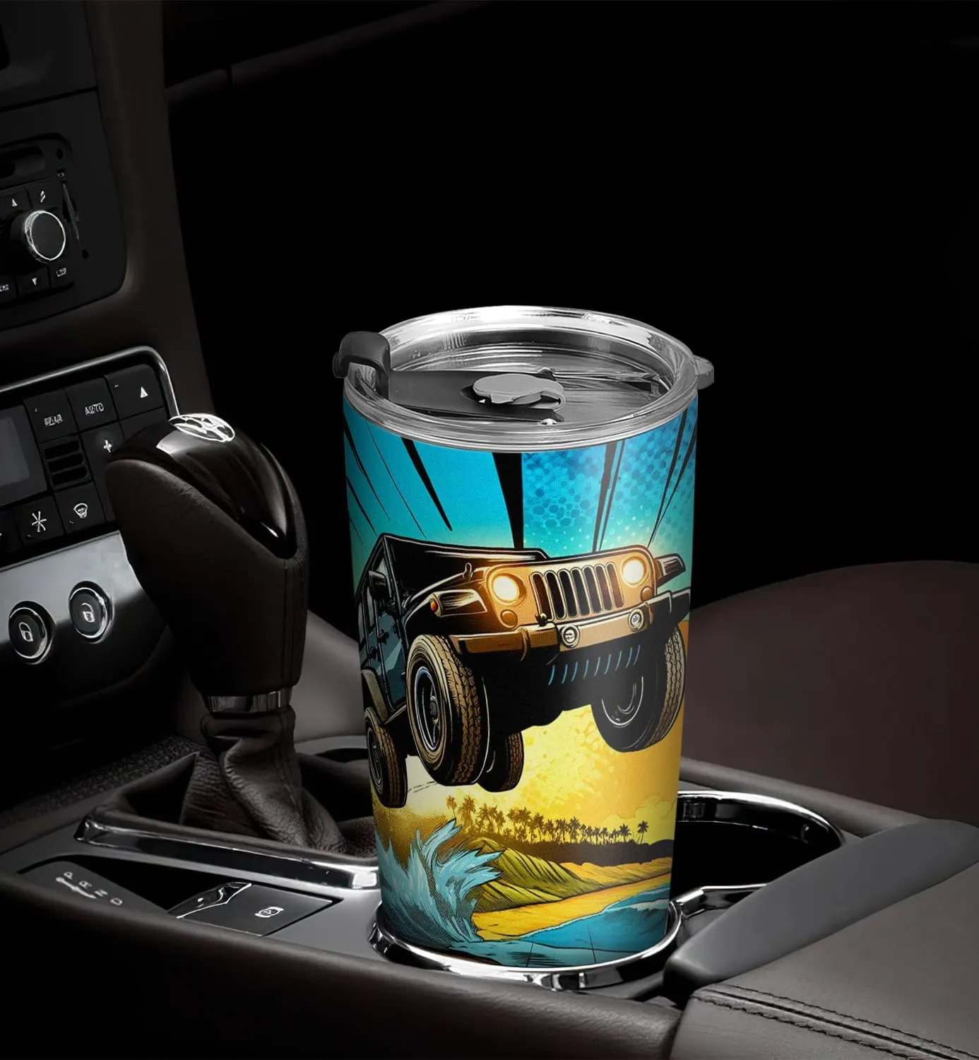 20oz Safari Travel Car Coffee Tumbler, Jungle Off Road Travel Car, Summer Beach SUV Offroad Travel Car Tumbler Cup, Stainless Steel Coffee Thermos Insulated Travel Mug with Lid - E