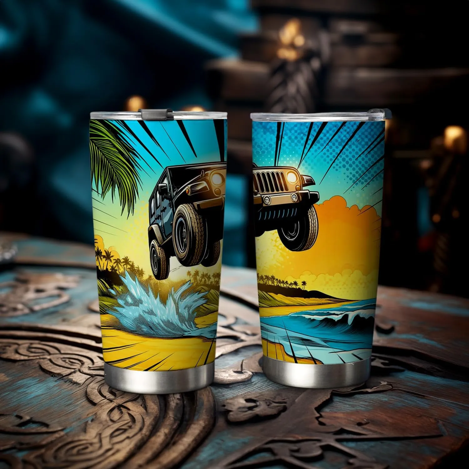 20oz Safari Travel Car Coffee Tumbler, Jungle Off Road Travel Car, Summer Beach SUV Offroad Travel Car Tumbler Cup, Stainless Steel Coffee Thermos Insulated Travel Mug with Lid - E