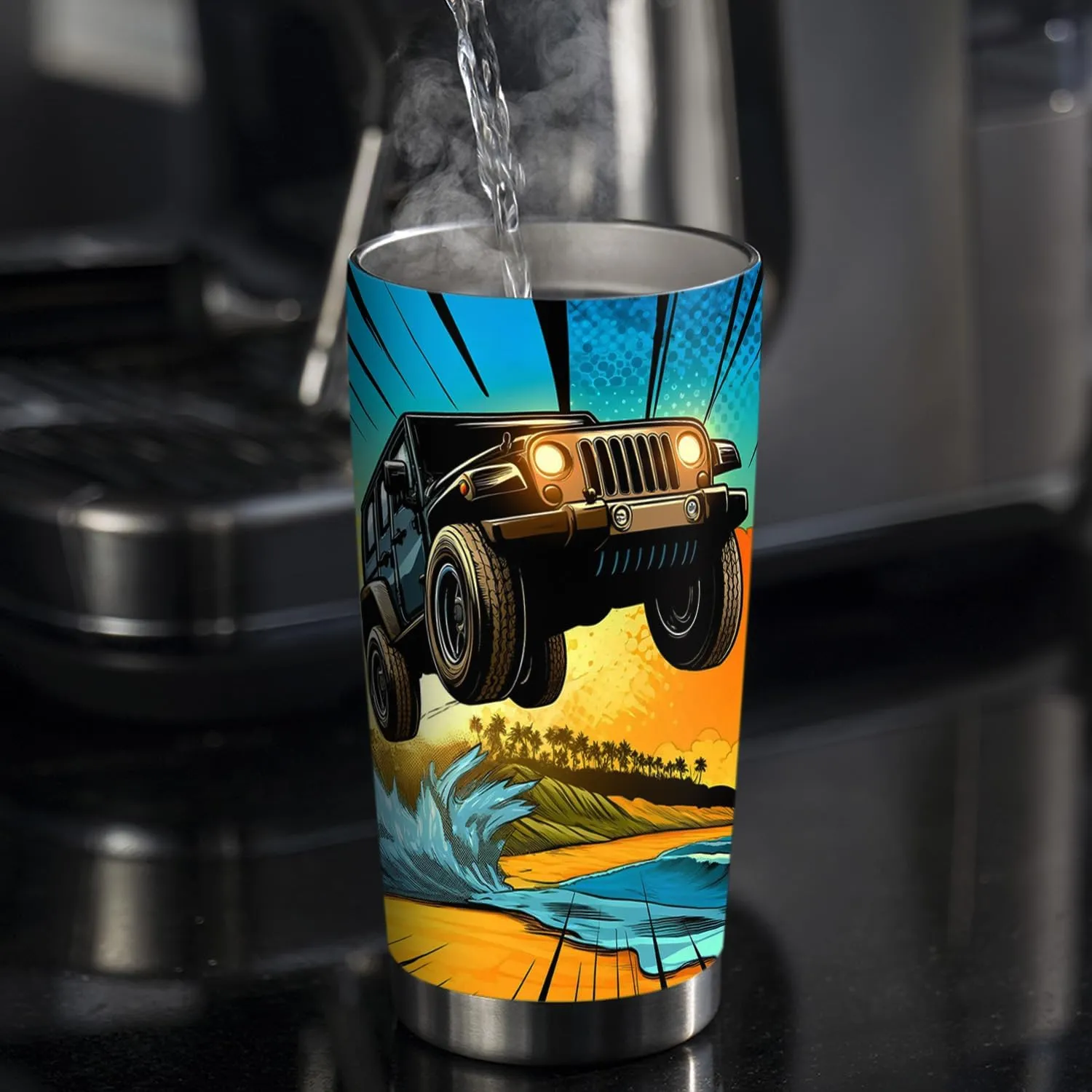 20oz Safari Travel Car Coffee Tumbler, Jungle Off Road Travel Car, Summer Beach SUV Offroad Travel Car Tumbler Cup, Stainless Steel Coffee Thermos Insulated Travel Mug with Lid - E