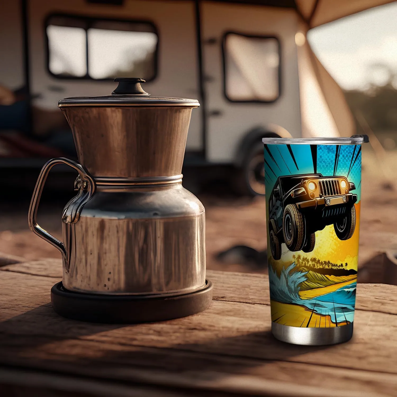 20oz Safari Travel Car Coffee Tumbler, Jungle Off Road Travel Car, Summer Beach SUV Offroad Travel Car Tumbler Cup, Stainless Steel Coffee Thermos Insulated Travel Mug with Lid - E
