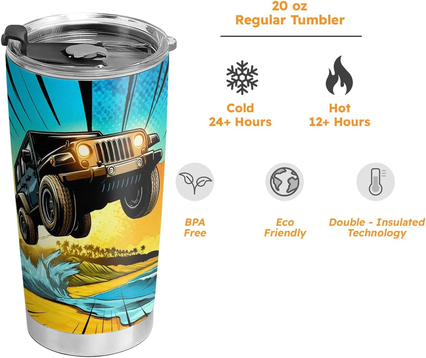 20oz Safari Travel Car Coffee Tumbler, Jungle Off Road Travel Car, Summer Beach SUV Offroad Travel Car Tumbler Cup, Stainless Steel Coffee Thermos Insulated Travel Mug with Lid - E