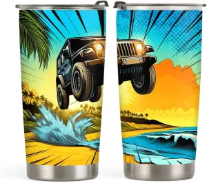 20oz Safari Travel Car Coffee Tumbler, Jungle Off Road Travel Car, Summer Beach SUV Offroad Travel Car Tumbler Cup, Stainless Steel Coffee Thermos Insulated Travel Mug with Lid - E