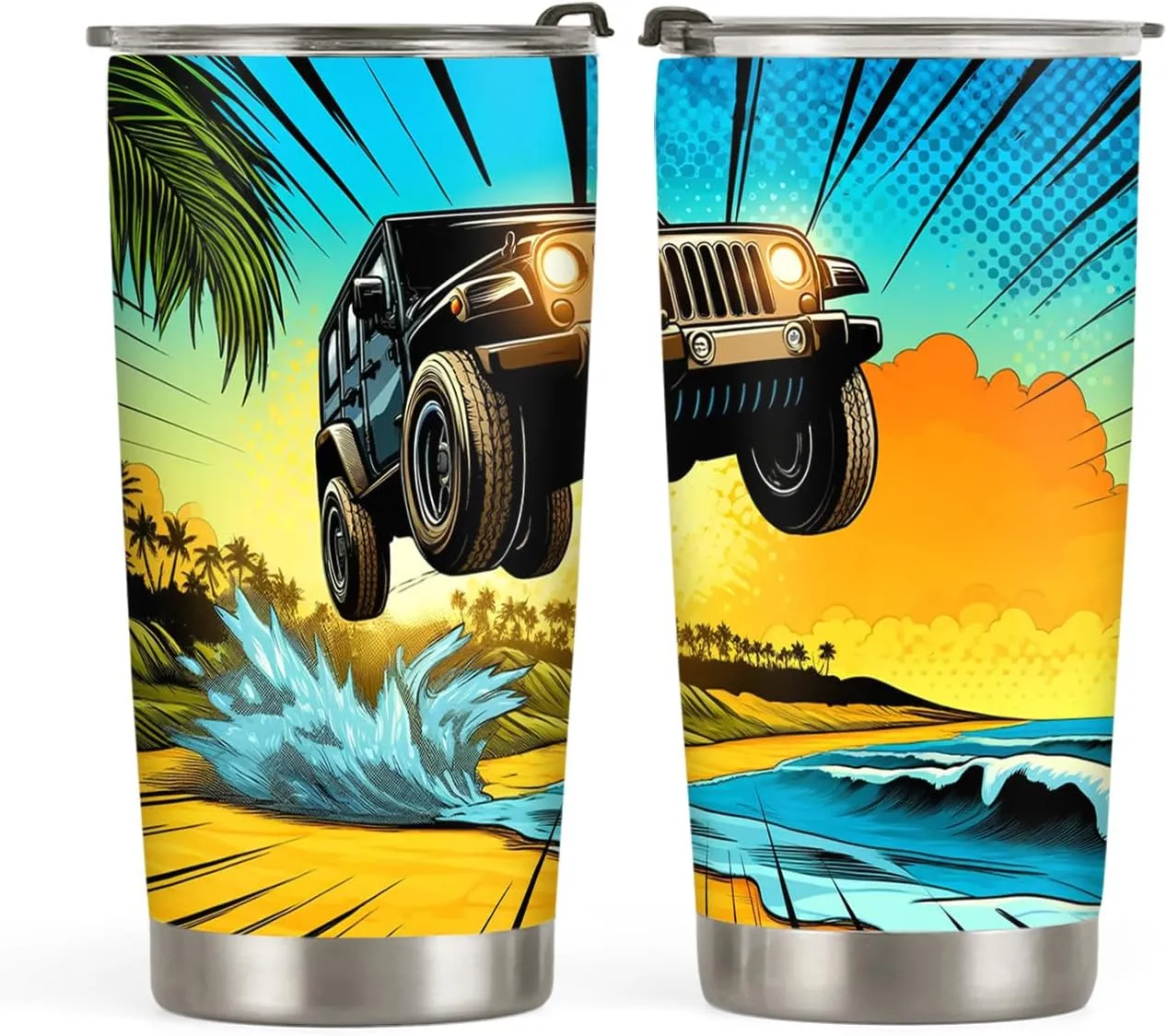 20oz Safari Travel Car Coffee Tumbler, Jungle Off Road Travel Car, Summer Beach SUV Offroad Travel Car Tumbler Cup, Stainless Steel Coffee Thermos Insulated Travel Mug with Lid - E