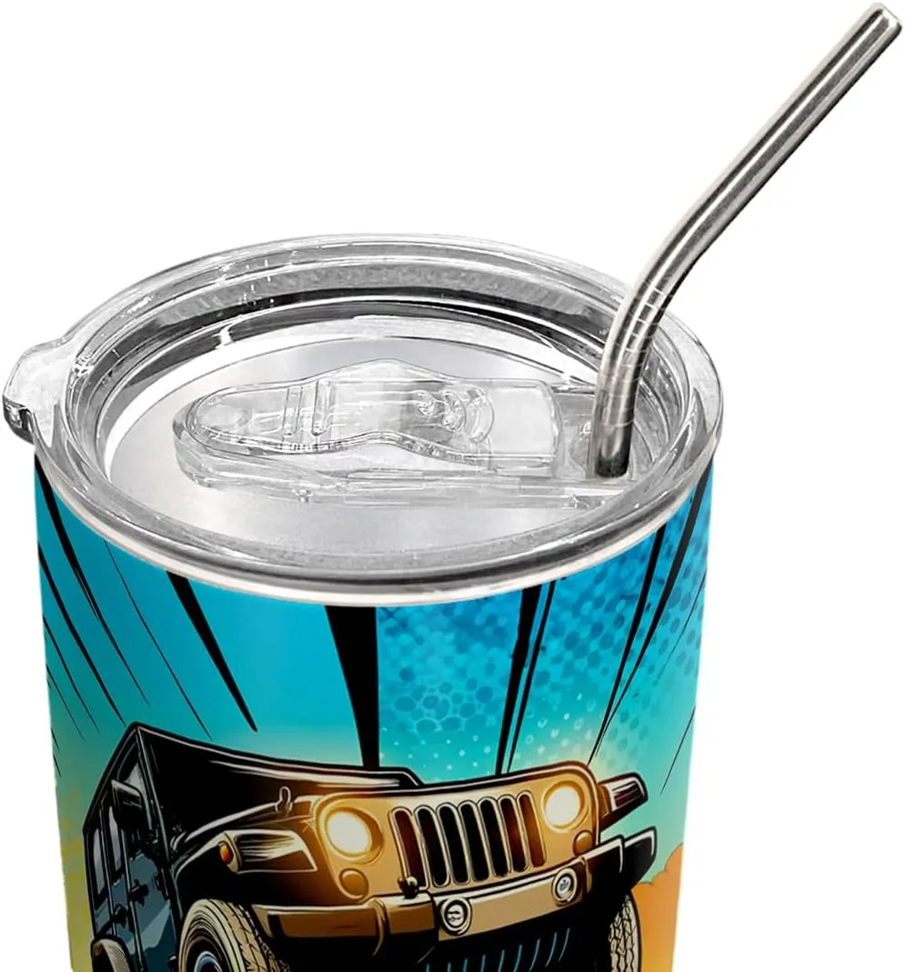 20oz Safari Travel Car Coffee Tumbler, Jungle Off Road Travel Car, Summer Beach SUV Offroad Travel Car Tumbler Cup, Stainless Steel Coffee Thermos Insulated Travel Mug with Lid - E