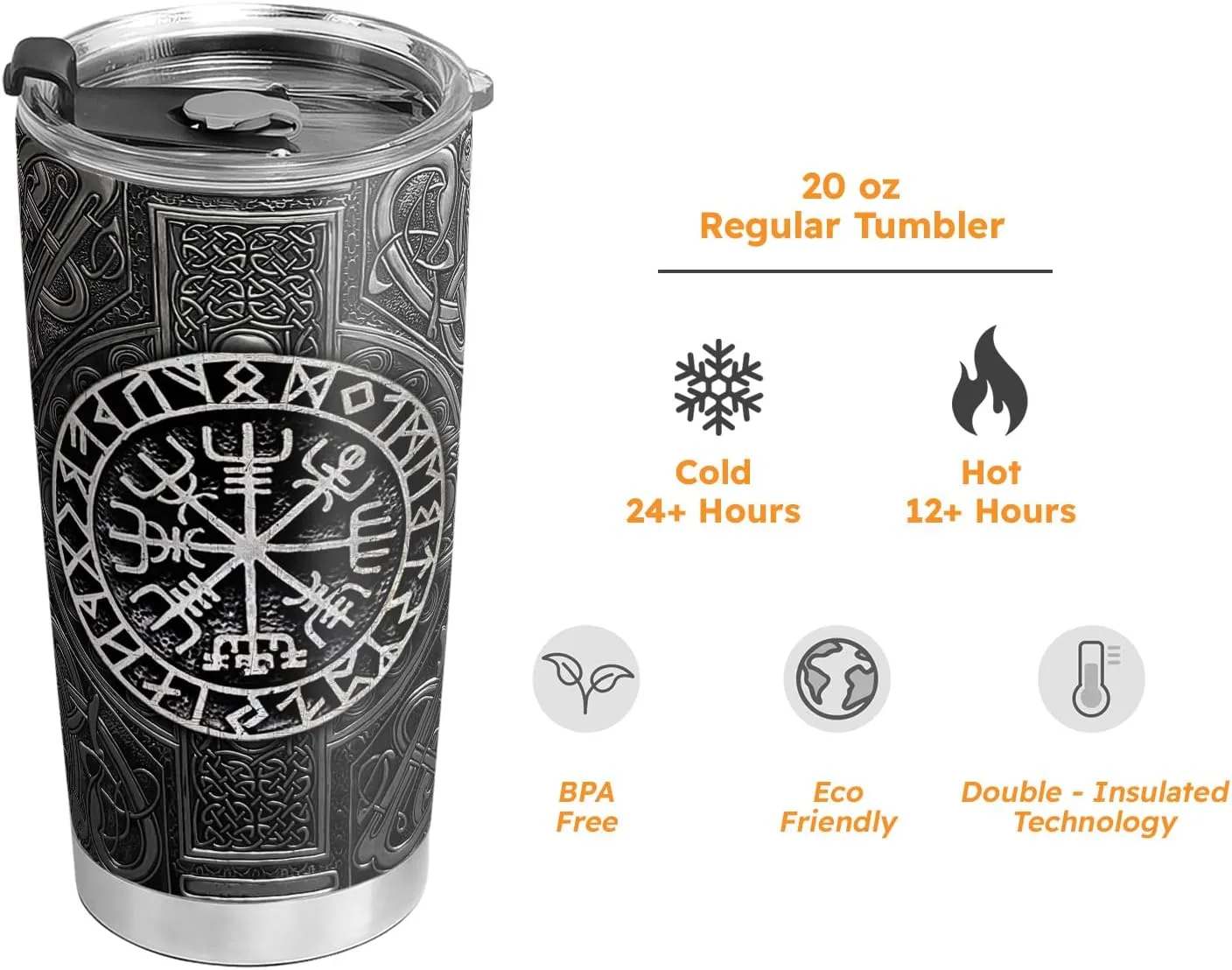 20oz Viking Celtic Knotwork Symbol Tumbler, Norse Mythology, Viking Gifts, Coffee Thermos for Men, Stainless Steel Double Wall Vacuum Insulated Coffee Mug, Travel Cup with Lid