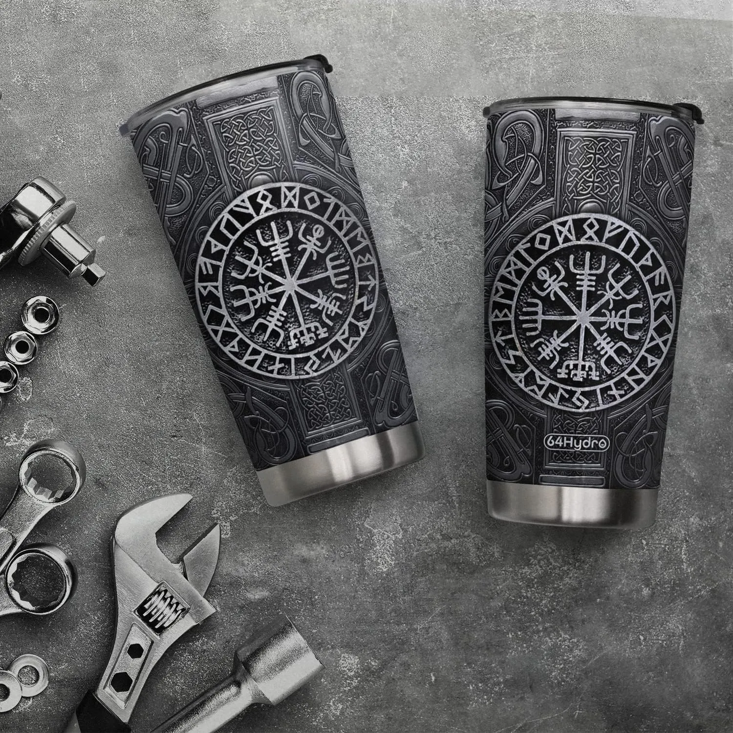 20oz Viking Celtic Knotwork Symbol Tumbler, Norse Mythology, Viking Gifts, Coffee Thermos for Men, Stainless Steel Double Wall Vacuum Insulated Coffee Mug, Travel Cup with Lid