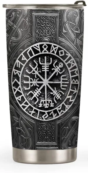 20oz Viking Celtic Knotwork Symbol Tumbler, Norse Mythology, Viking Gifts, Coffee Thermos for Men, Stainless Steel Double Wall Vacuum Insulated Coffee Mug, Travel Cup with Lid