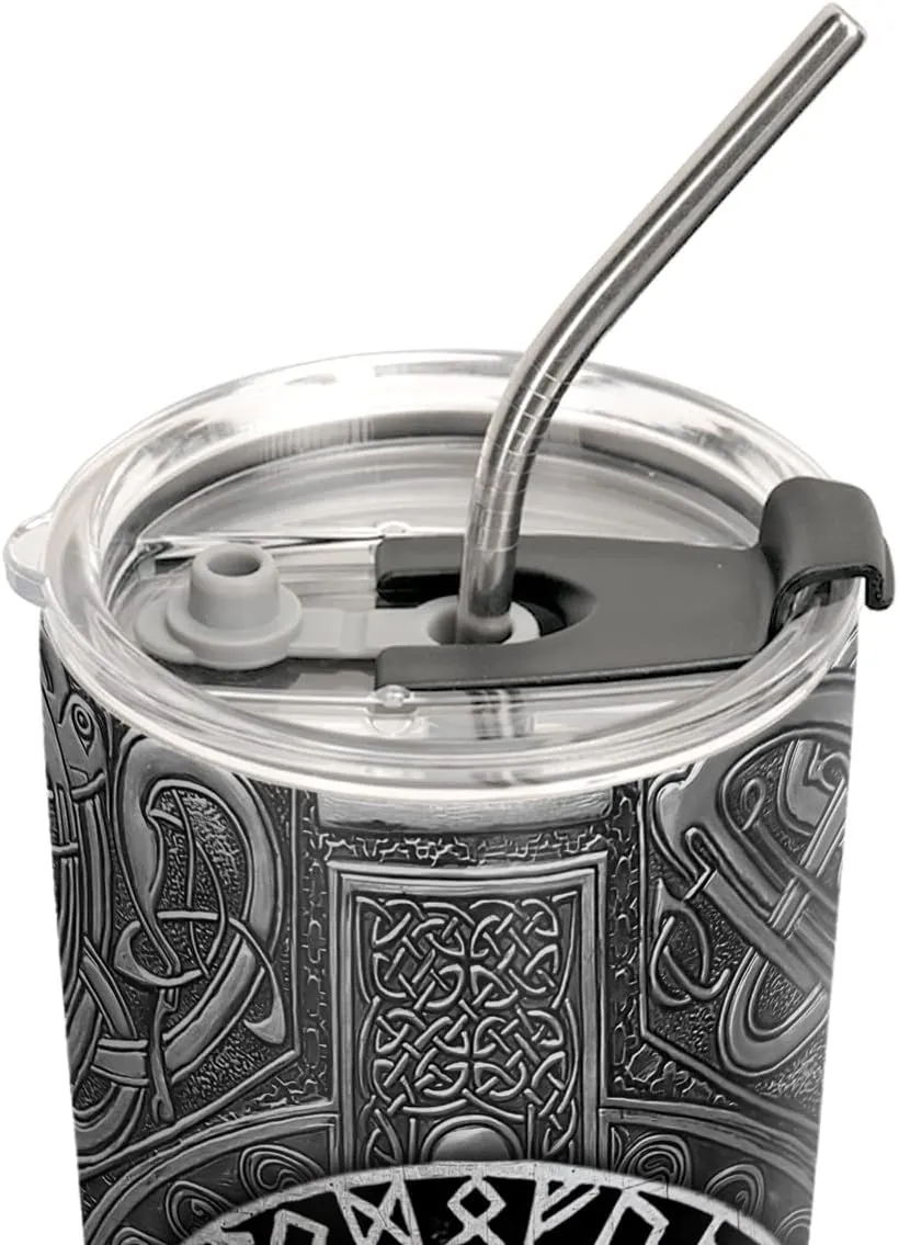 20oz Viking Celtic Knotwork Symbol Tumbler, Norse Mythology, Viking Gifts, Coffee Thermos for Men, Stainless Steel Double Wall Vacuum Insulated Coffee Mug, Travel Cup with Lid