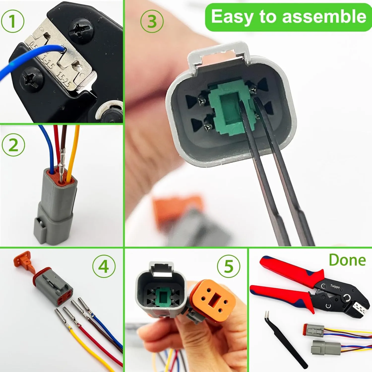 3 Pin Deutsch Connector Kit 5 Sets, Gray DT Connector Kit, 3 Pin Automotive Waterproof Wire Connectors, Electrical Connectors Kit with 16# Stamped Contacts for Car, RV, Truck Wiring 22-16AWG