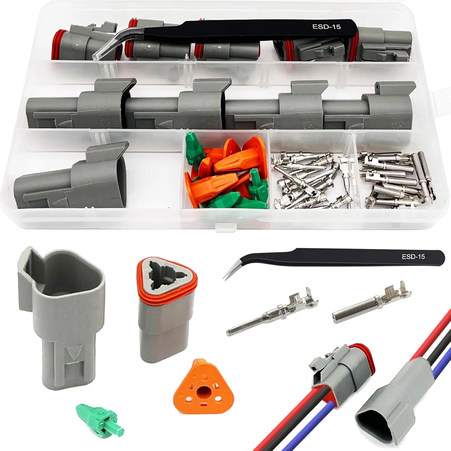 3 Pin Deutsch Connector Kit 5 Sets, Gray DT Connector Kit, 3 Pin Automotive Waterproof Wire Connectors, Electrical Connectors Kit with 16# Stamped Contacts for Car, RV, Truck Wiring 22-16AWG