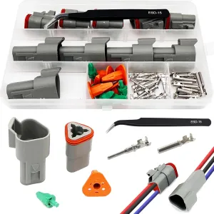 3 Pin Deutsch Connector Kit 5 Sets, Gray DT Connector Kit, 3 Pin Automotive Waterproof Wire Connectors, Electrical Connectors Kit with 16# Stamped Contacts for Car, RV, Truck Wiring 22-16AWG