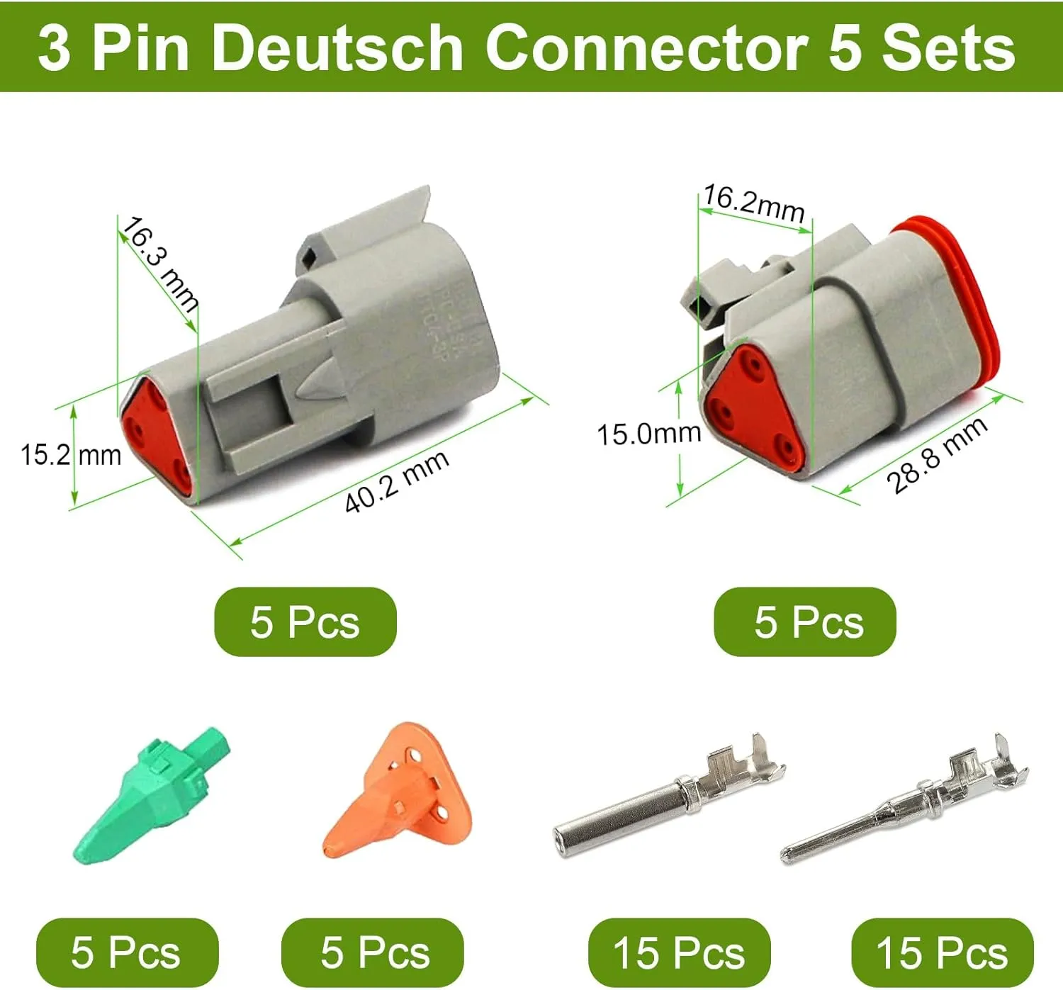 3 Pin Deutsch Connector Kit 5 Sets, Gray DT Connector Kit, 3 Pin Automotive Waterproof Wire Connectors, Electrical Connectors Kit with 16# Stamped Contacts for Car, RV, Truck Wiring 22-16AWG