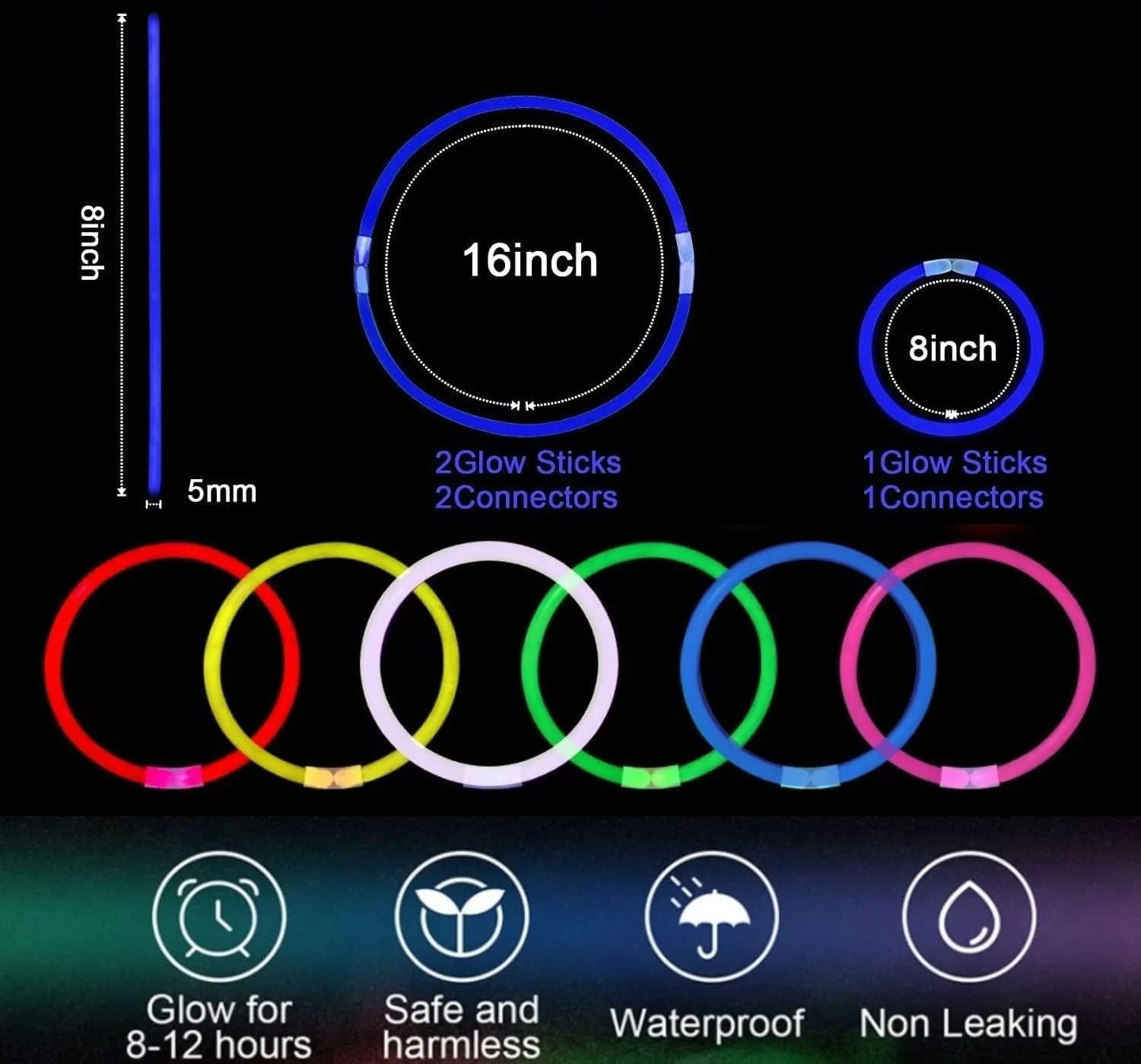 300 PCS Blue Glow Sticks Bulk Glow in the Dark Bracelets and Necklaces 8" Glowsticks with Connectors Light Up Neon Party Favors for New Year Valentine's Day July 4th Wedding Gender Reveal