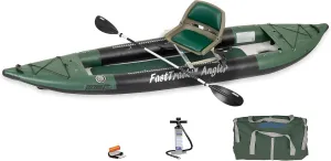 385FTA Fasttrack Angler 1–2-Person Inflatable Hunter Green Fishing Kayak-External Rigid Inflatable Keel, Rugged Hull Material, Non-Slip Padded Floor, Stitch Floor w/Seat(s), Paddle(s), Pump & Bag