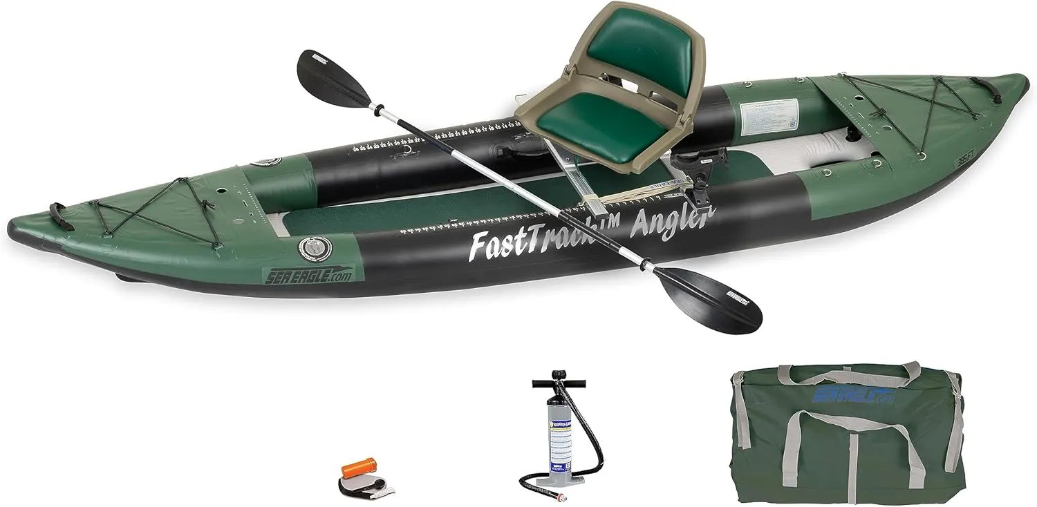 385FTA Fasttrack Angler 1–2-Person Inflatable Hunter Green Fishing Kayak-External Rigid Inflatable Keel, Rugged Hull Material, Non-Slip Padded Floor, Stitch Floor w/Seat(s), Paddle(s), Pump & Bag