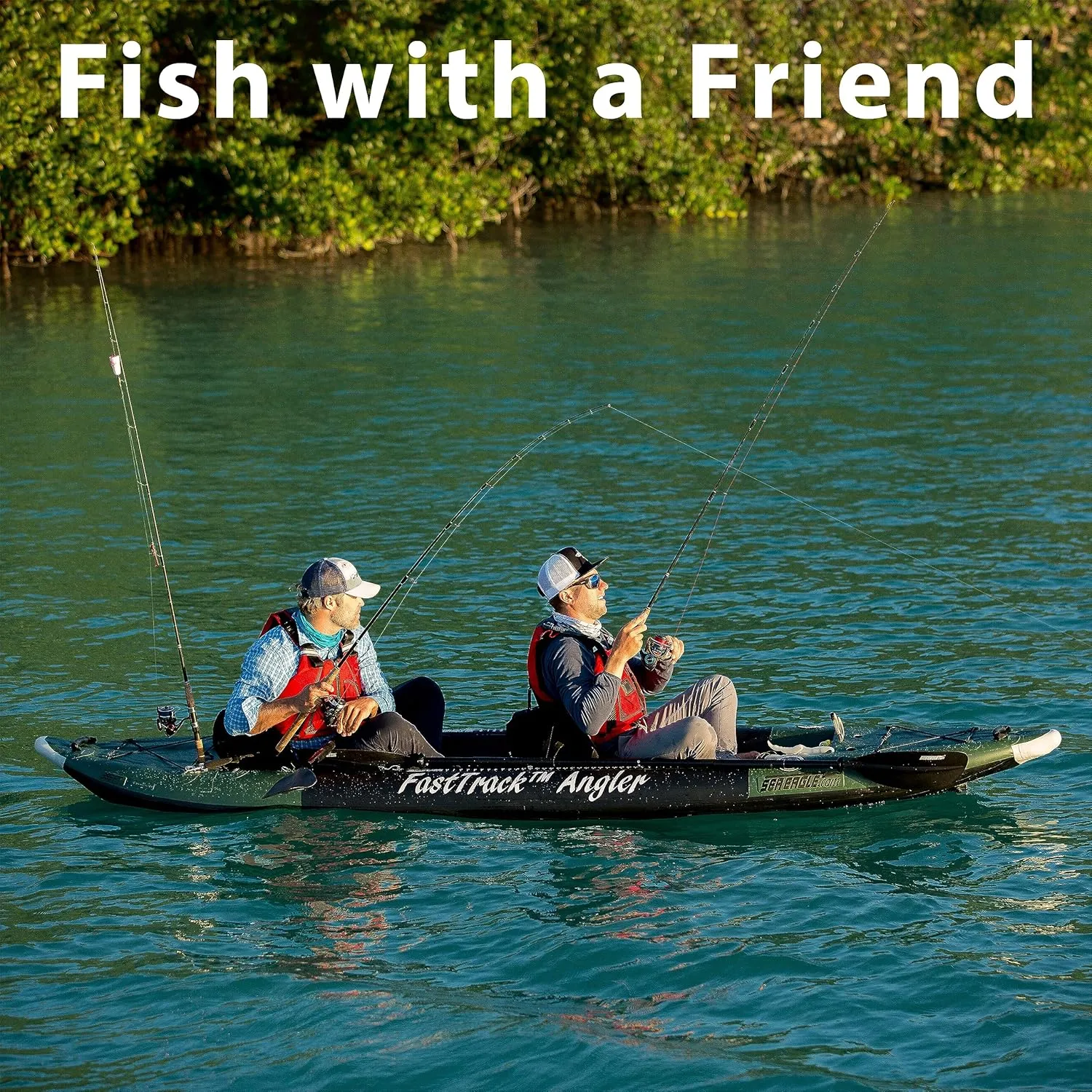 385FTA Fasttrack Angler 1–2-Person Inflatable Hunter Green Fishing Kayak-External Rigid Inflatable Keel, Rugged Hull Material, Non-Slip Padded Floor, Stitch Floor w/Seat(s), Paddle(s), Pump & Bag