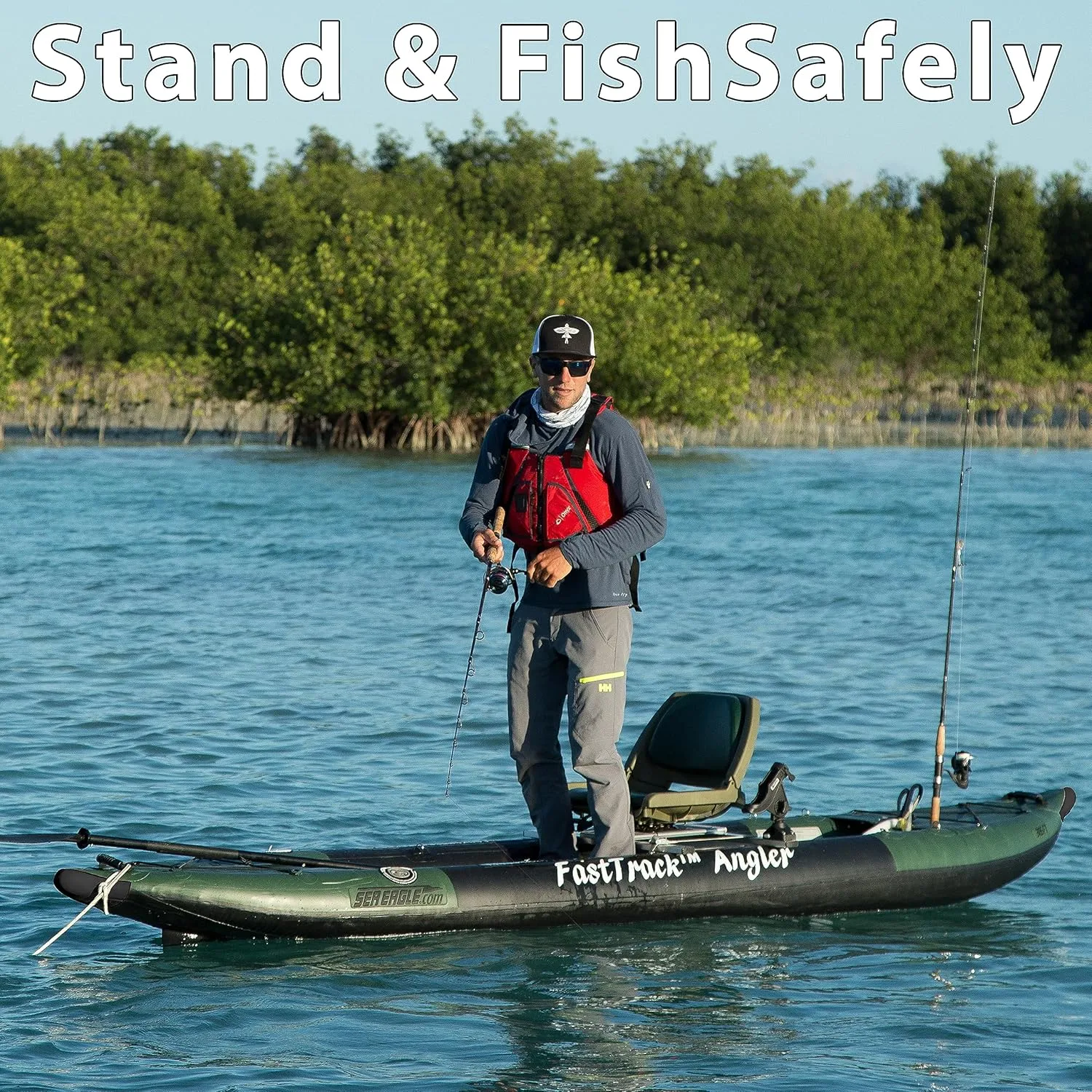 385FTA Fasttrack Angler 1–2-Person Inflatable Hunter Green Fishing Kayak-External Rigid Inflatable Keel, Rugged Hull Material, Non-Slip Padded Floor, Stitch Floor w/Seat(s), Paddle(s), Pump & Bag
