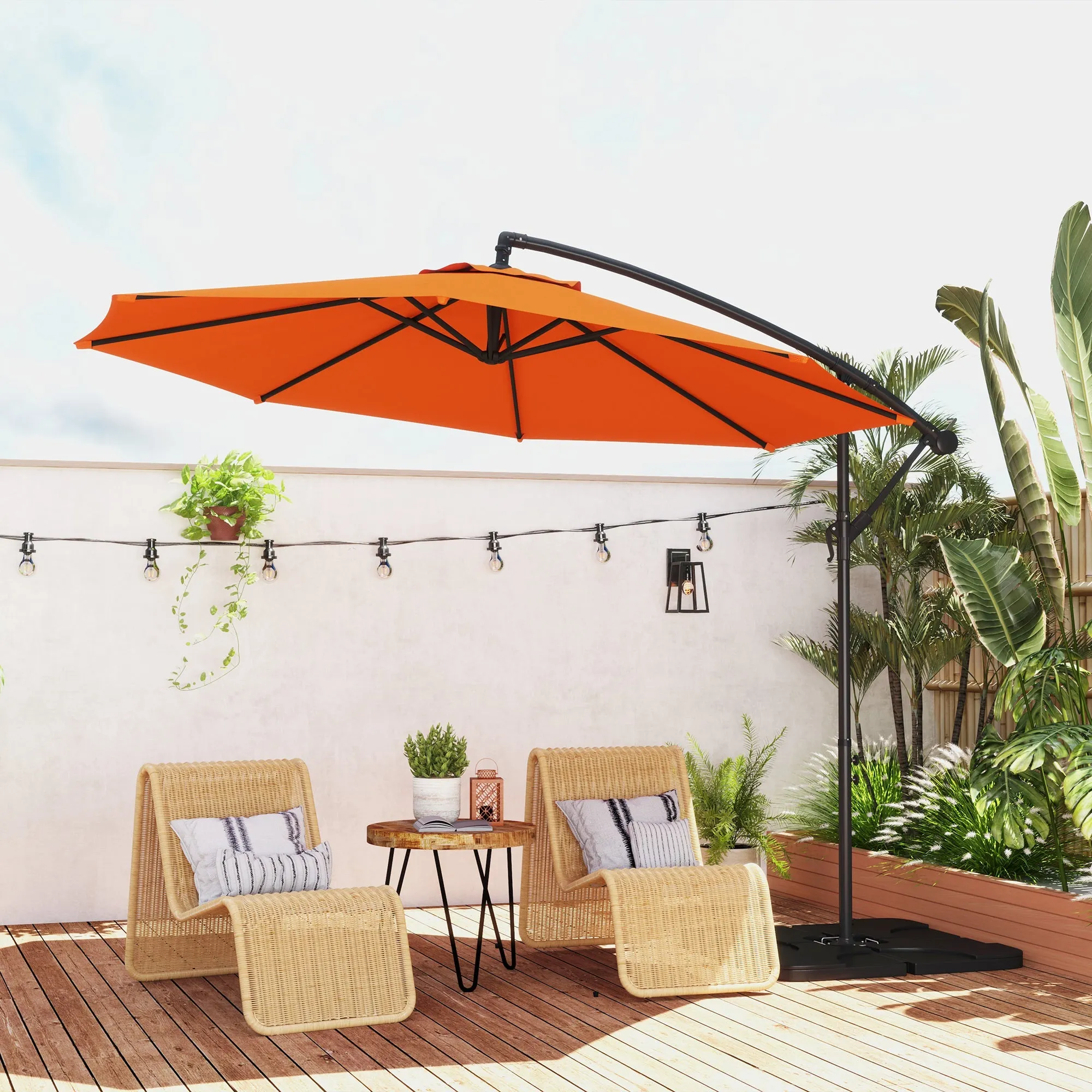 3(m) Garden Banana Parasol Cantilever Umbrella with Crank Handle, Cross Base, Weights and Cover for Outdoor, Hanging Sun Shade, Orange