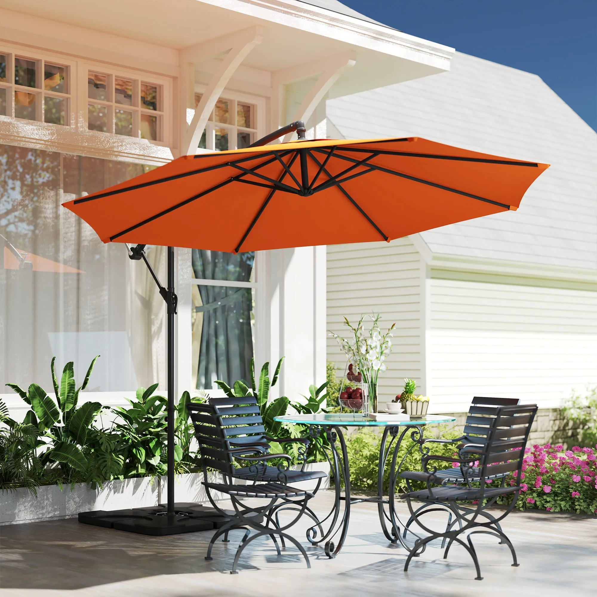3(m) Garden Banana Parasol Cantilever Umbrella with Crank Handle, Cross Base, Weights and Cover for Outdoor, Hanging Sun Shade, Orange
