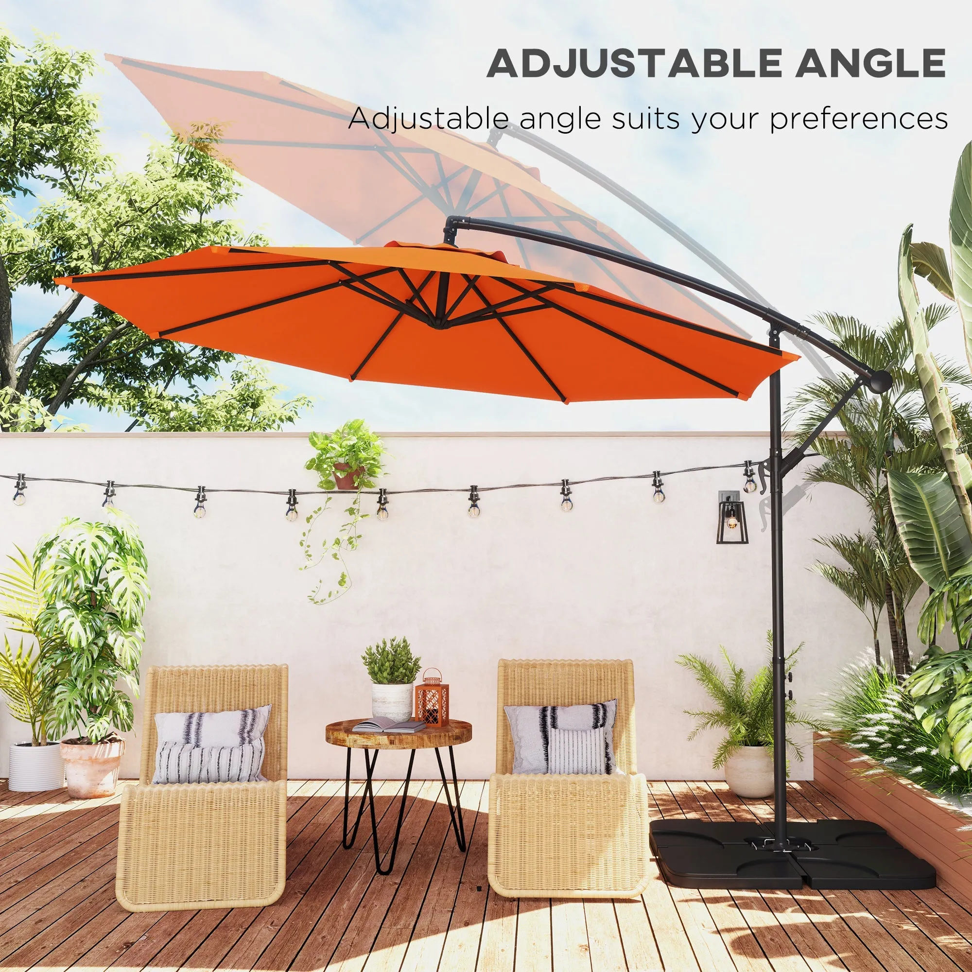 3(m) Garden Banana Parasol Cantilever Umbrella with Crank Handle, Cross Base, Weights and Cover for Outdoor, Hanging Sun Shade, Orange