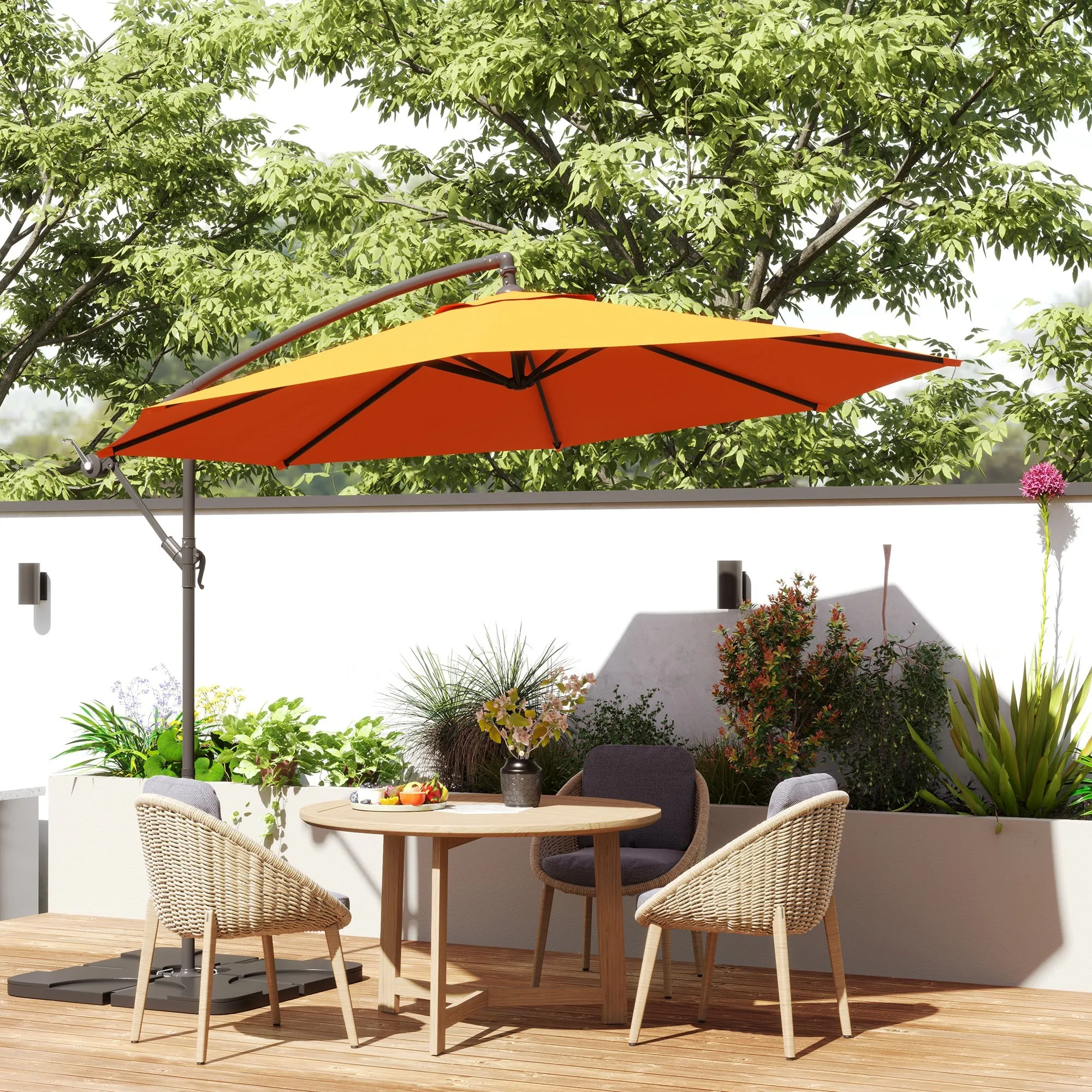 3(m) Garden Banana Parasol Cantilever Umbrella with Crank Handle, Cross Base, Weights and Cover for Outdoor, Hanging Sun Shade, Orange