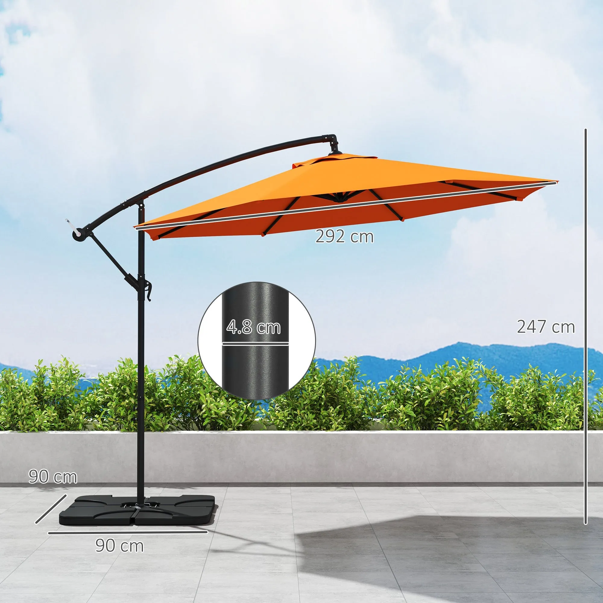 3(m) Garden Banana Parasol Cantilever Umbrella with Crank Handle, Cross Base, Weights and Cover for Outdoor, Hanging Sun Shade, Orange